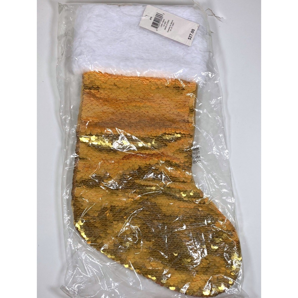 Macy's Gold Sequin Christmas Stocking White Faux Fur Cuff‎ LD80119642 NEW